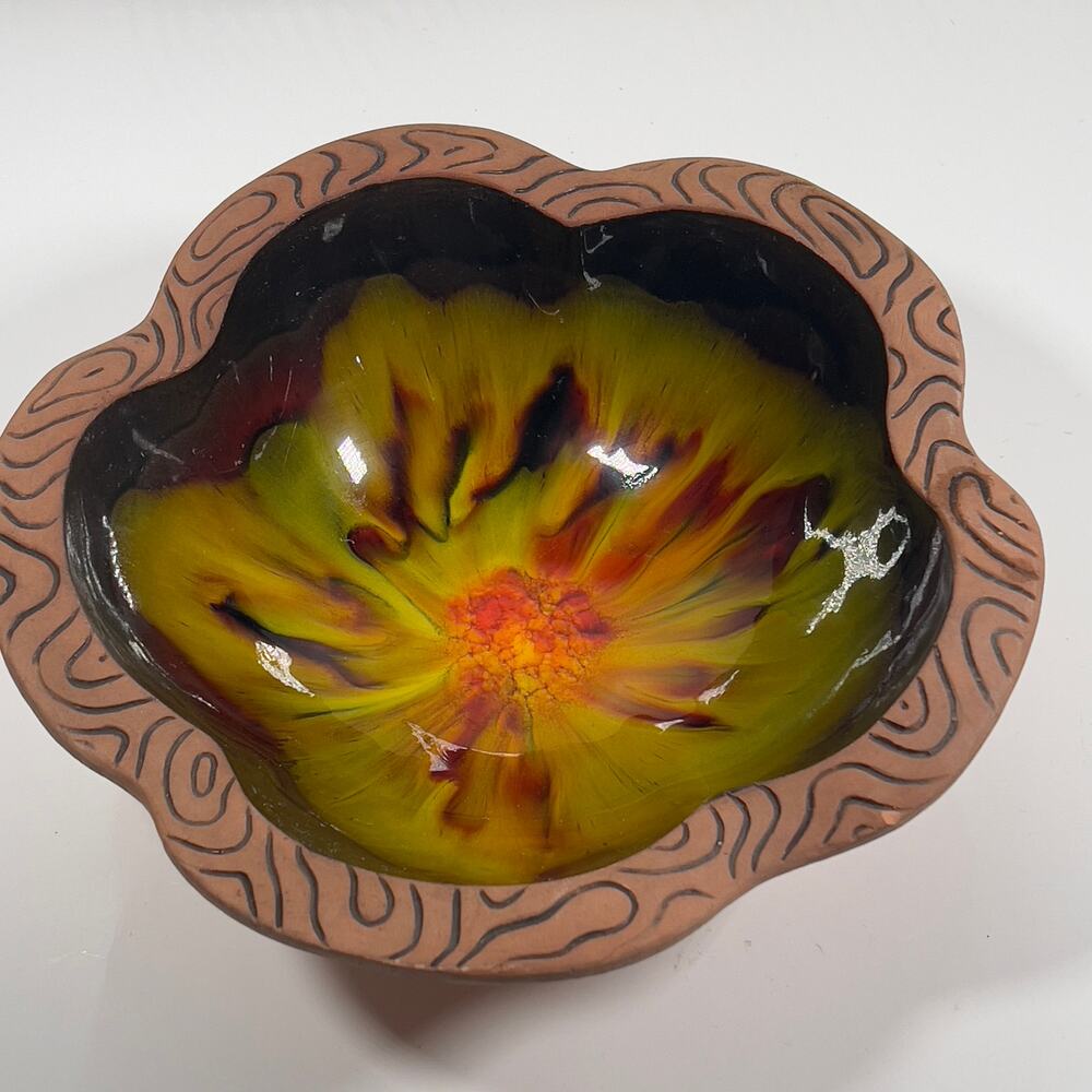 Terracotta Sequoia Ware Bowl Green Brown Orange Glazed Flower Tie Dye Pottery